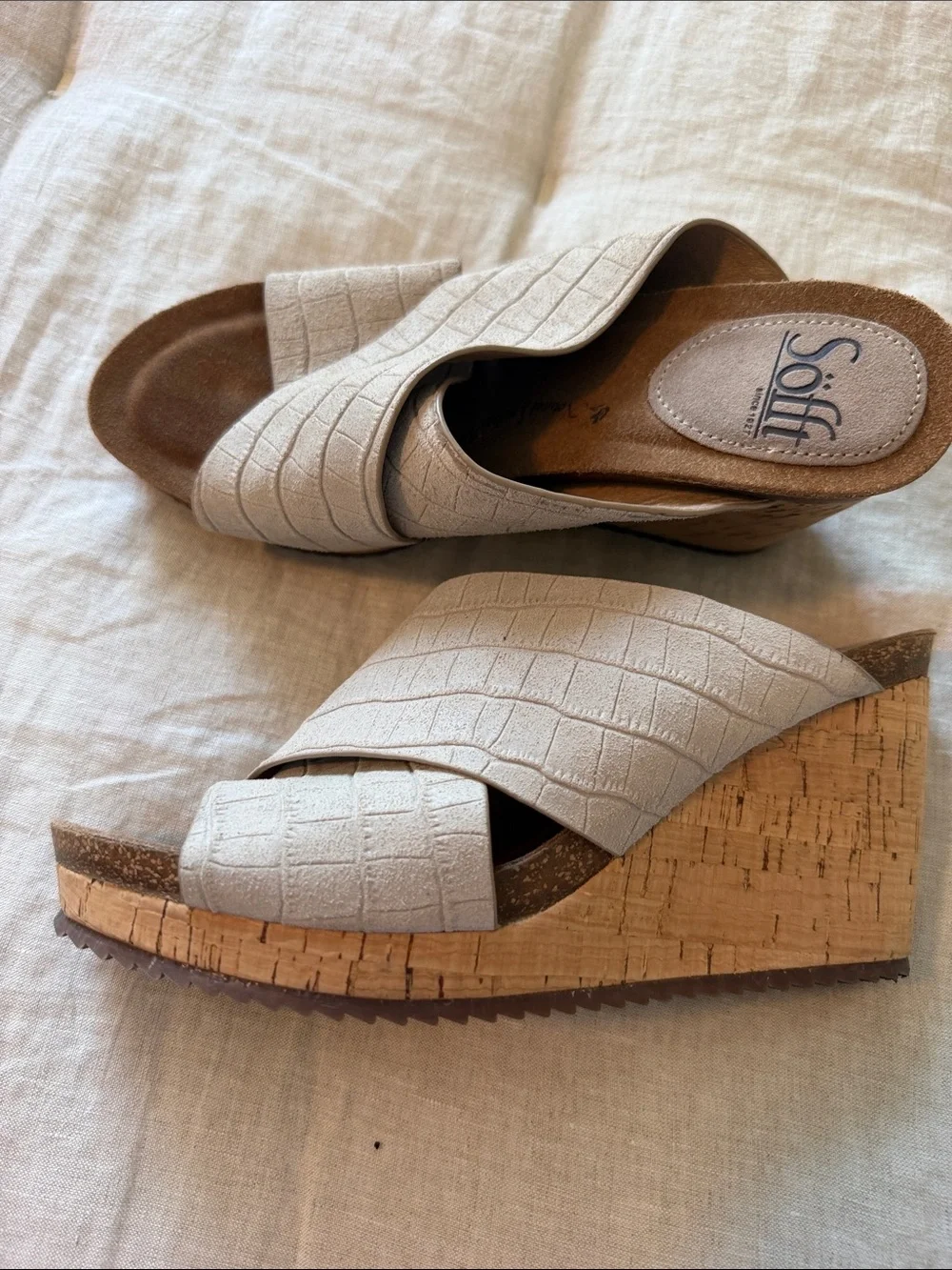 Söfft Beige Croc-Embossed Crisscross Wedge Mules